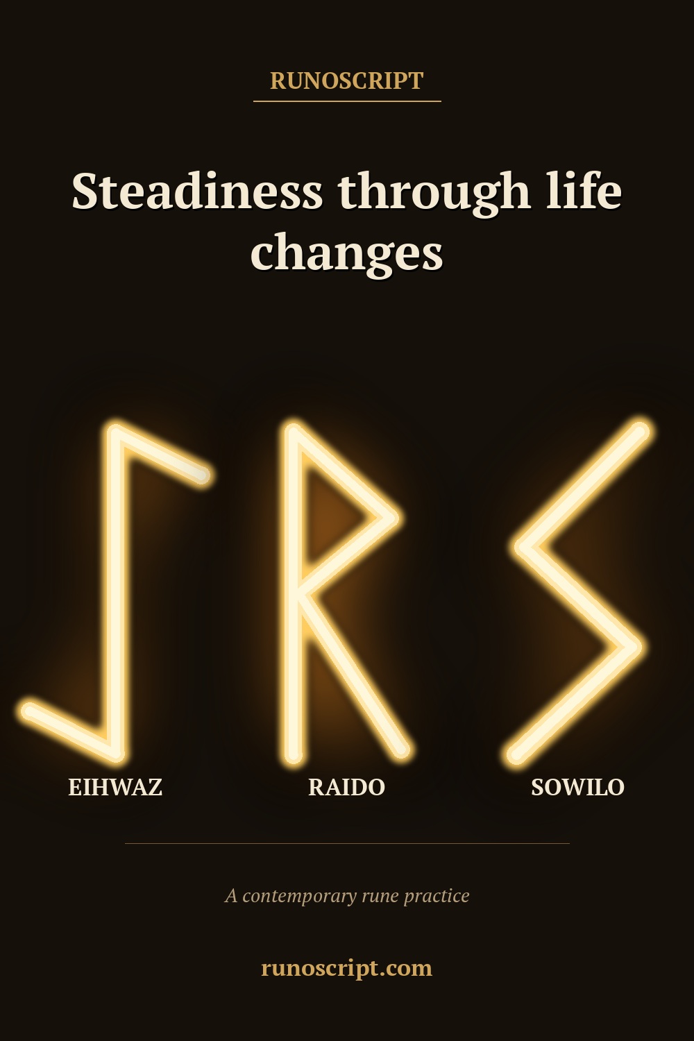 Life changes card with Eihwaz, Raido, and Sowilo rune forms in order beside the heading 'Steadiness through life changes.'