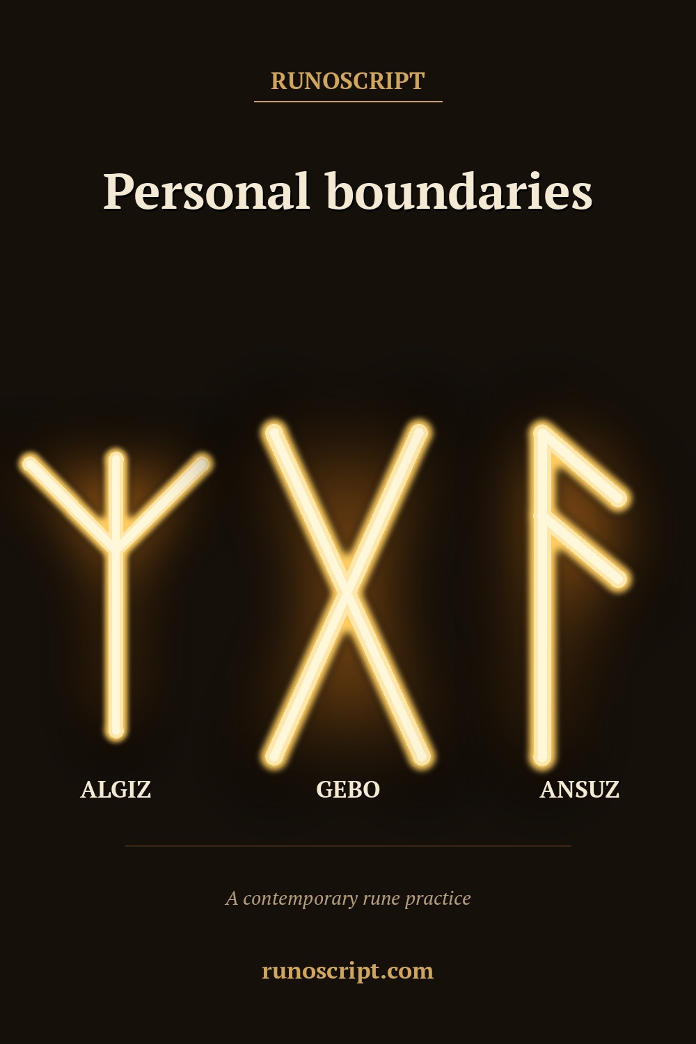Personal boundaries card displaying Algiz, Gebo, and Ansuz rune forms in order with the heading 'Personal boundaries.'