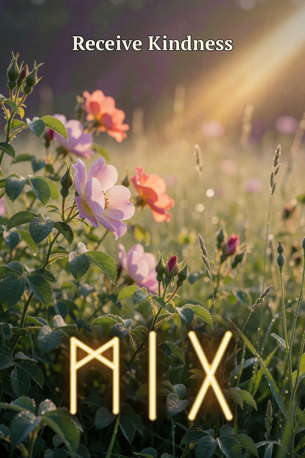 Wild rose and coral flowers receive a warm beam of sunlight, with three gold rune forms for receiving kindness.