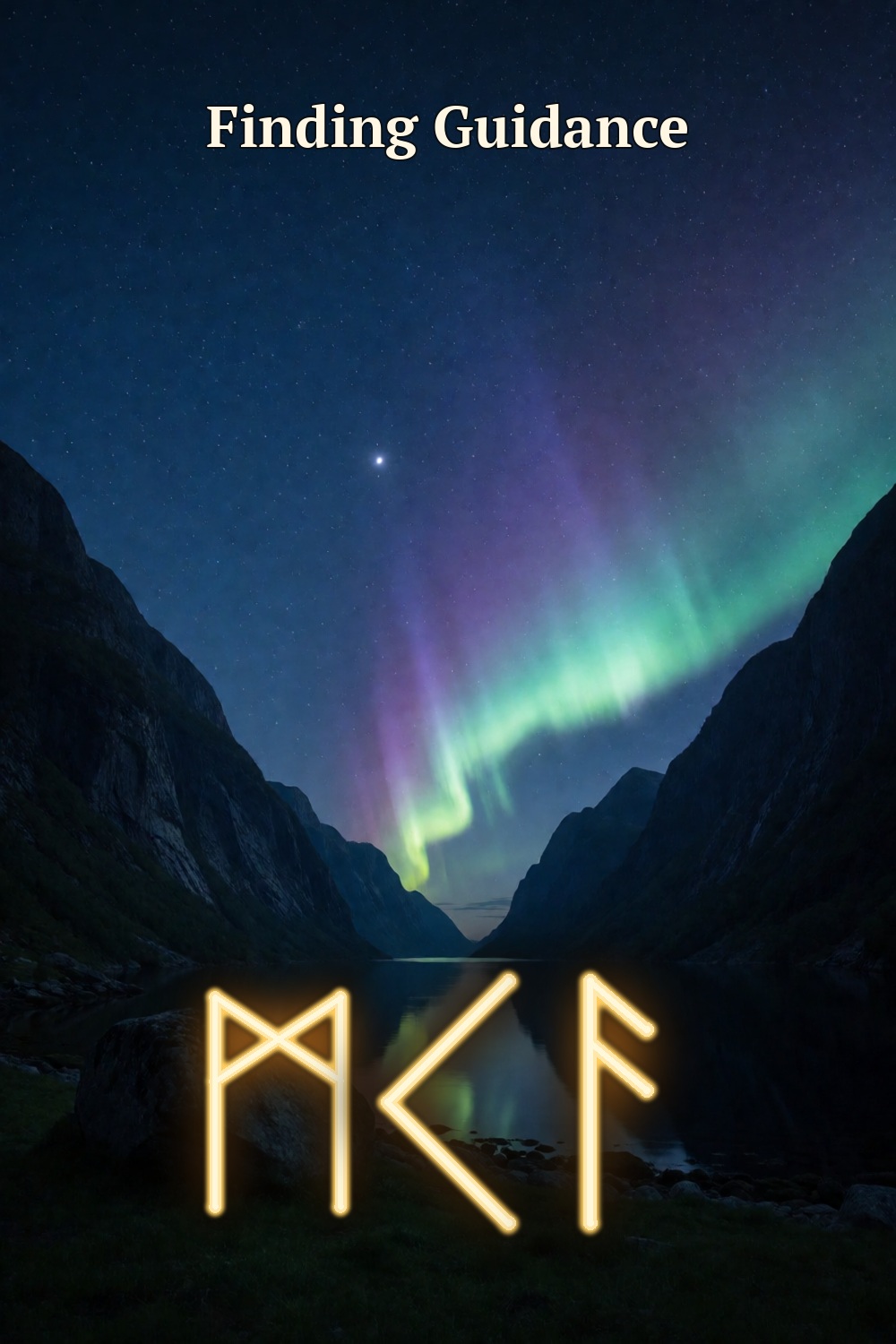 A bright star and green-violet aurora reflect through a dark mountain fjord, with three gold rune forms for finding guidance.