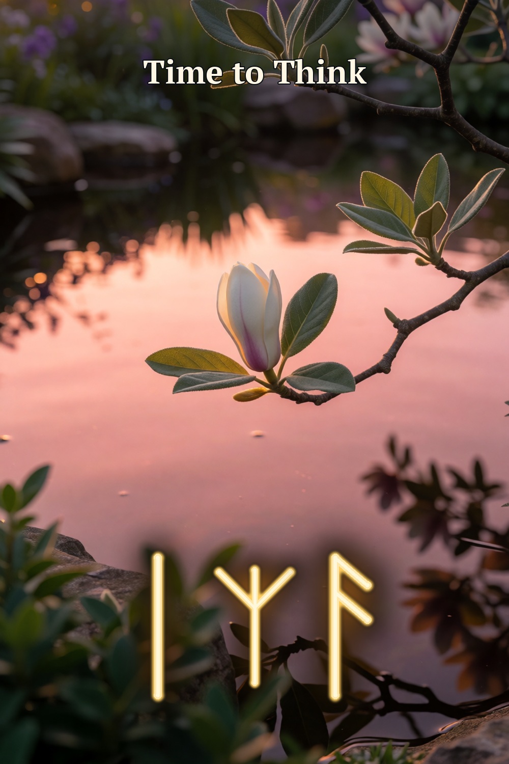 An ivory magnolia bud above a rose-gold garden pond, with Time to Think above gold Isa, Algiz and Ansuz rune forms.