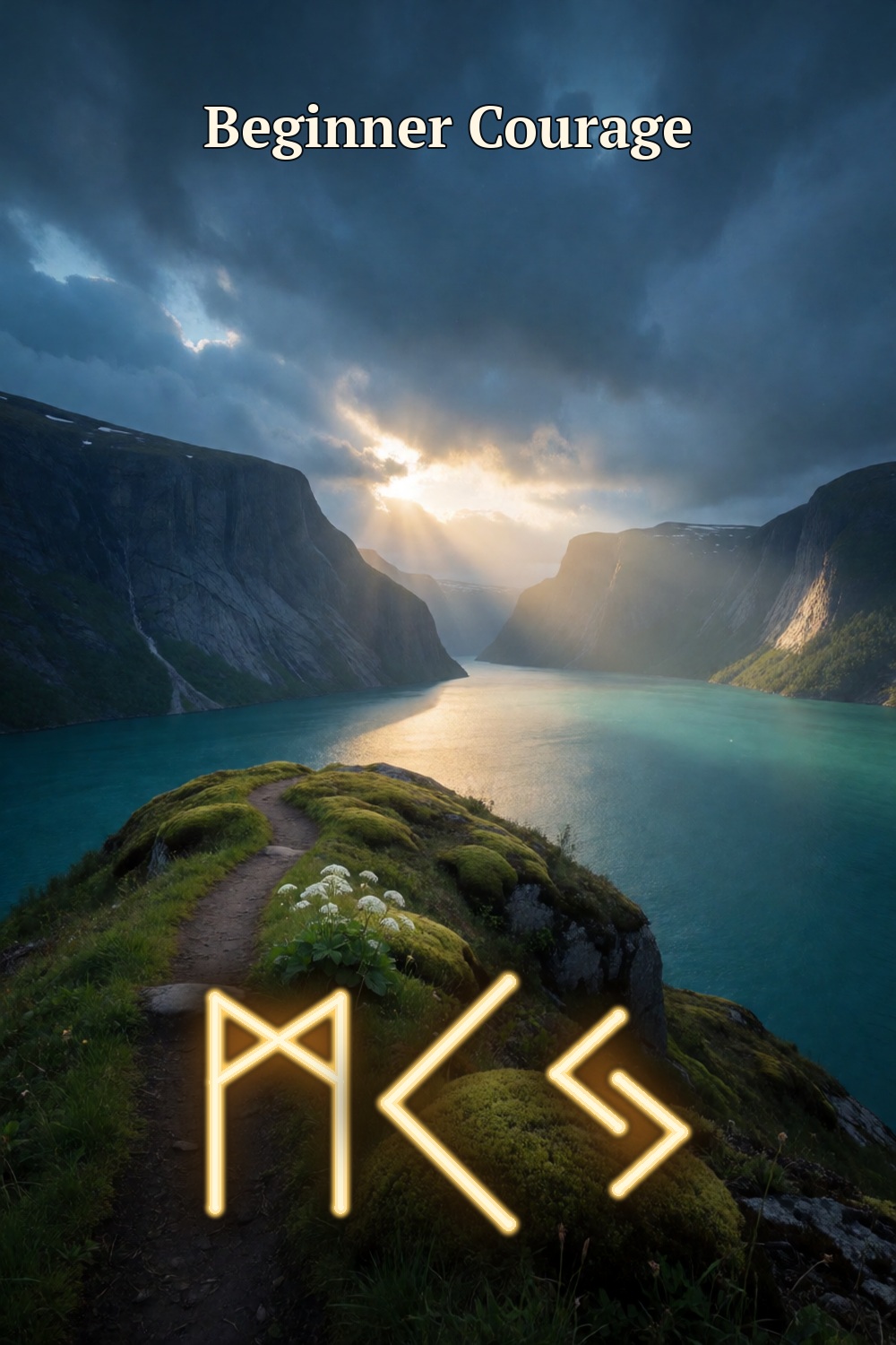 A bright path crosses a mossy ridge toward a vast golden fjord, with three gold rune forms for beginner courage.