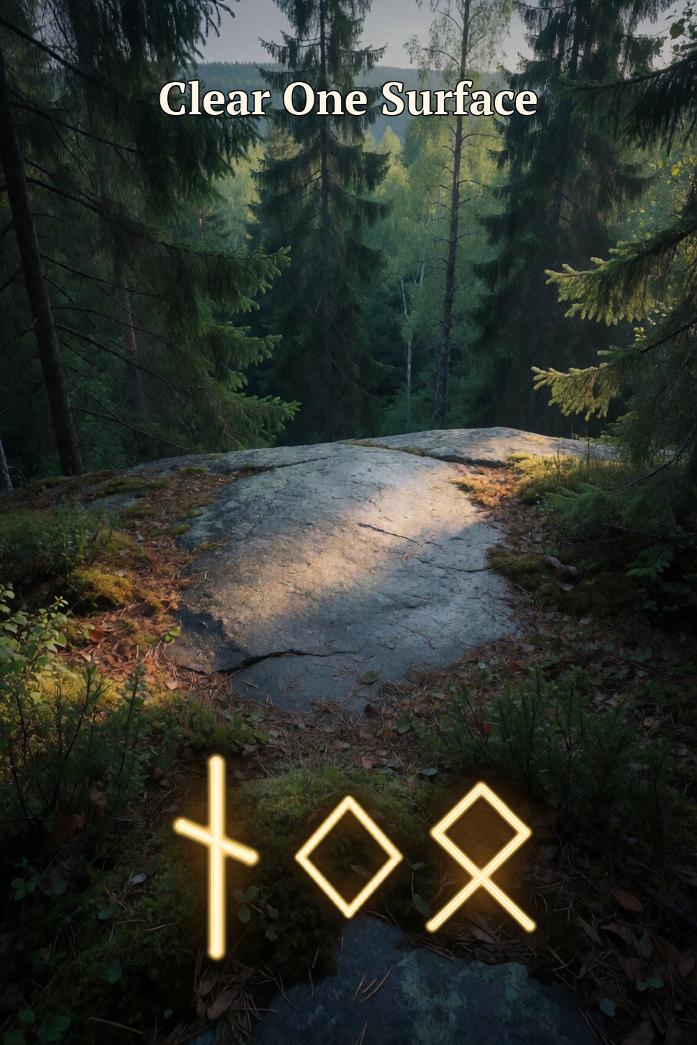 A clear sunlit granite ledge in a deep Nordic forest, with Clear One Surface above gold Naudiz, Ingwaz and Othala rune forms.