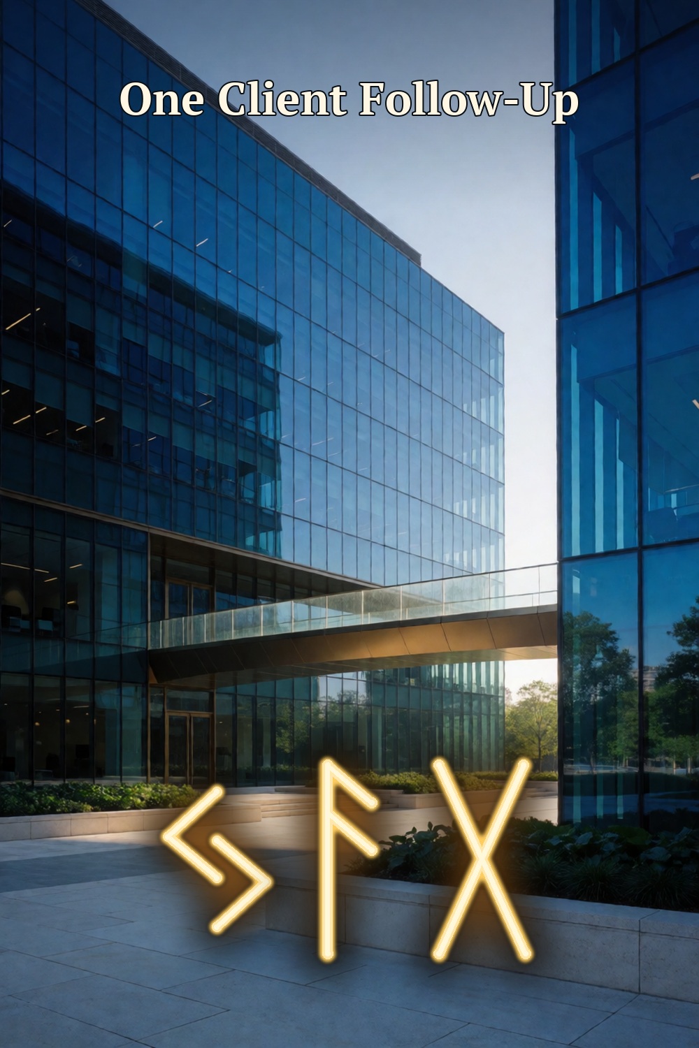 Blue-glass business architecture joined by a sunlit bridge, with One Client Follow-Up above gold Jera, Ansuz and Gebo rune forms.