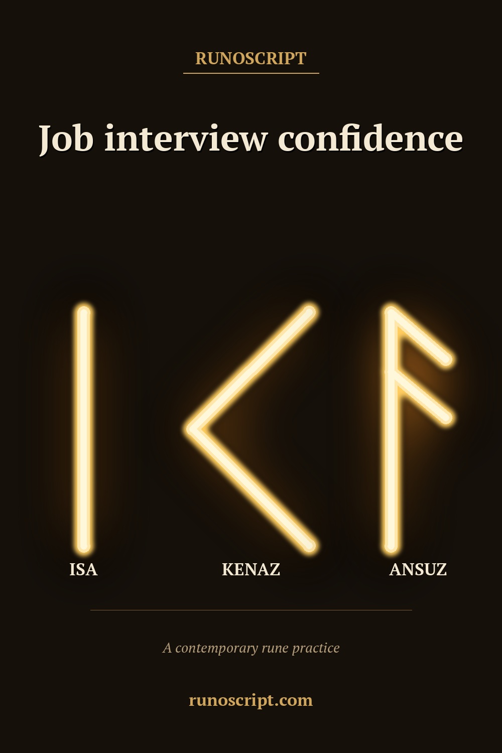 Job interview confidence card with Isa, Kenaz, and Ansuz rune forms in order and the heading 'Job interview confidence.'