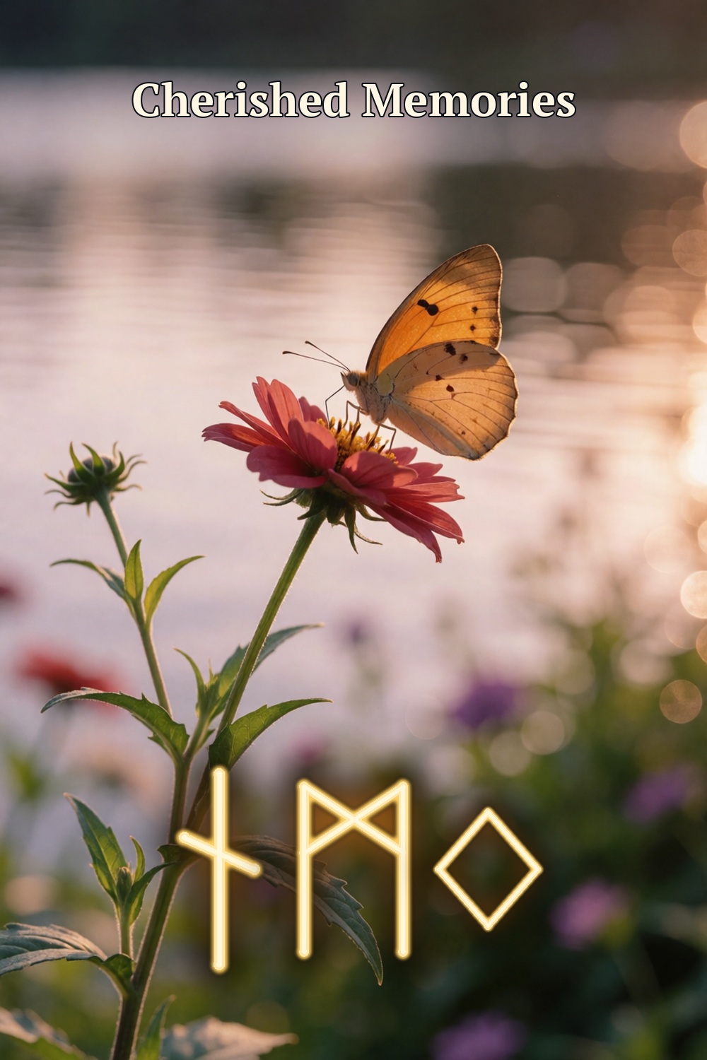 An amber butterfly rests above a red flower beside glowing water, with three gold rune forms for cherished memories.