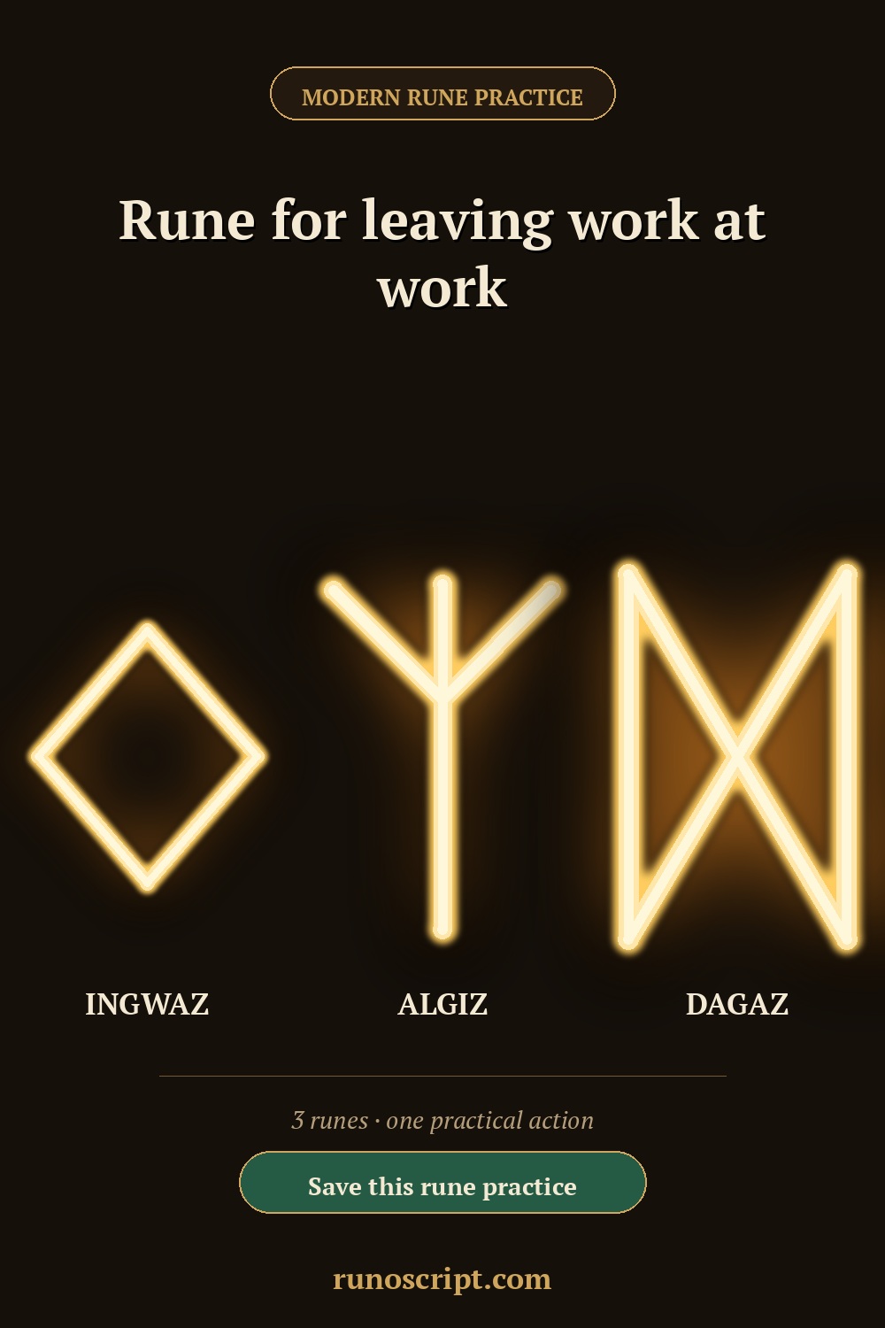 Modern rune practice card for leaving work at work, showing Ingwaz, Algiz, and Dagaz with a save reminder.