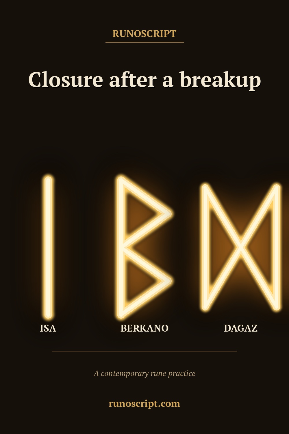 Breakup closure card displaying Isa, Berkano, and Dagaz rune forms in order with the heading 'Closure after a breakup.'
