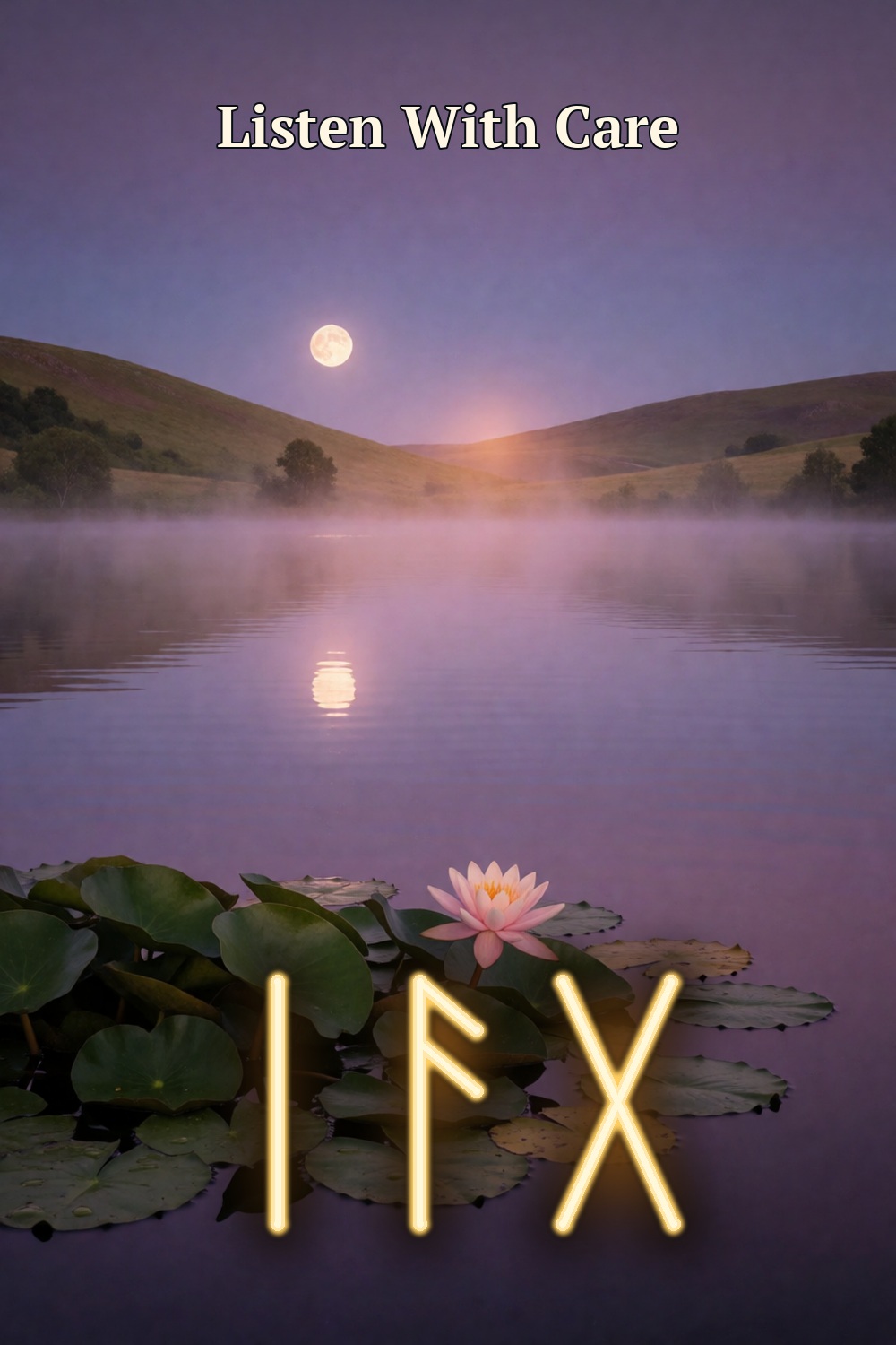 A full moon reflects in a quiet lavender lake beside water lilies, with three gold rune forms for listening with care.