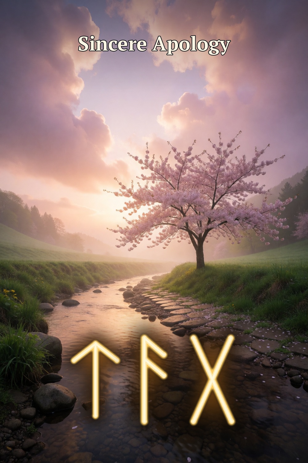 A flowering tree stands beside a rain-washed path under coral sunrise clouds, with three gold rune forms for a sincere apology.
