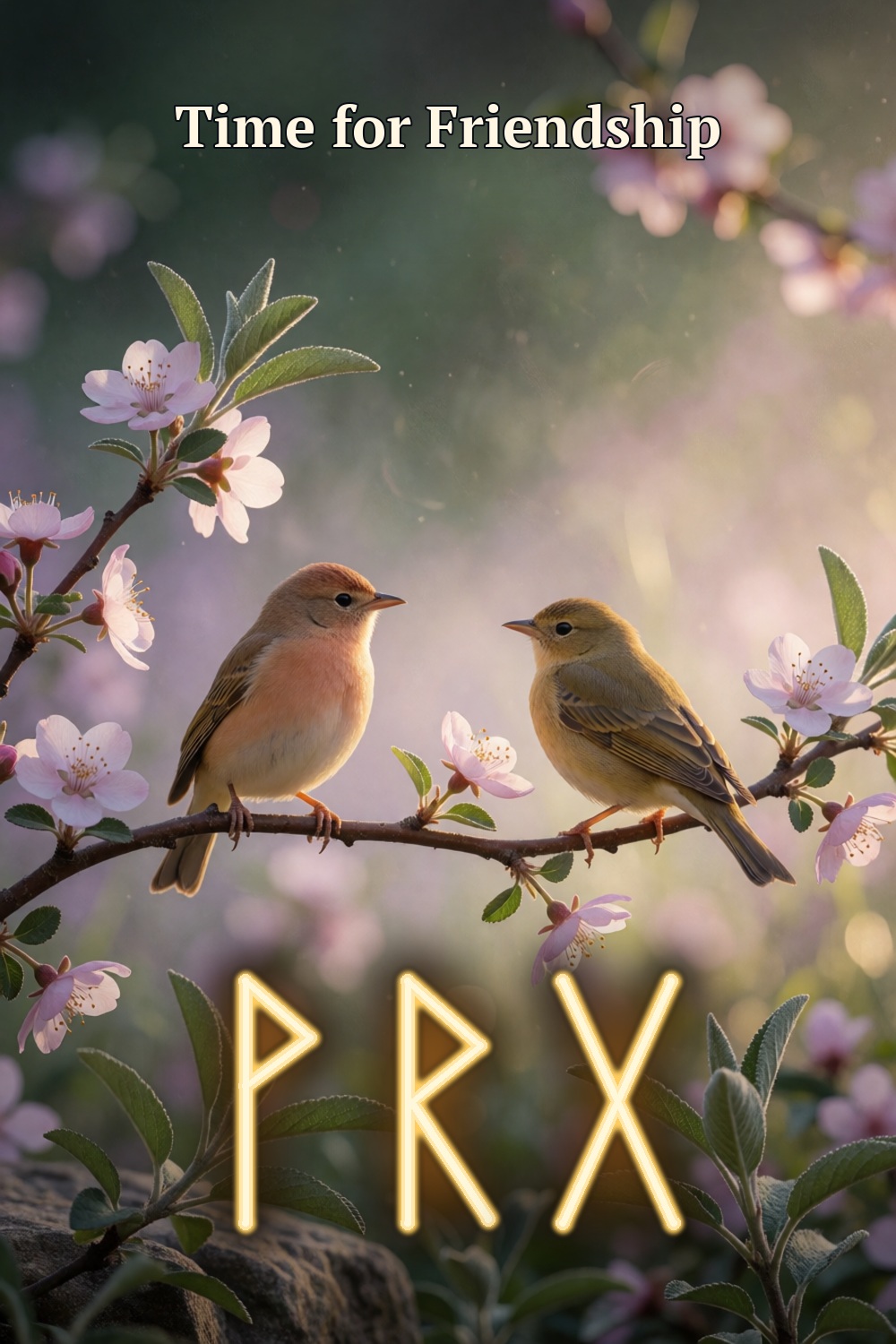 Two small birds share a flowering branch with open space between them, with three gold rune forms for friendship.