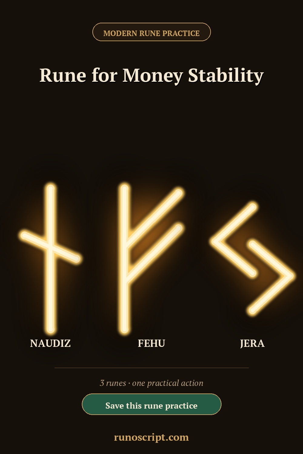 Modern rune practice card for money stability, showing Naudiz, Fehu, and Jera with a save reminder.