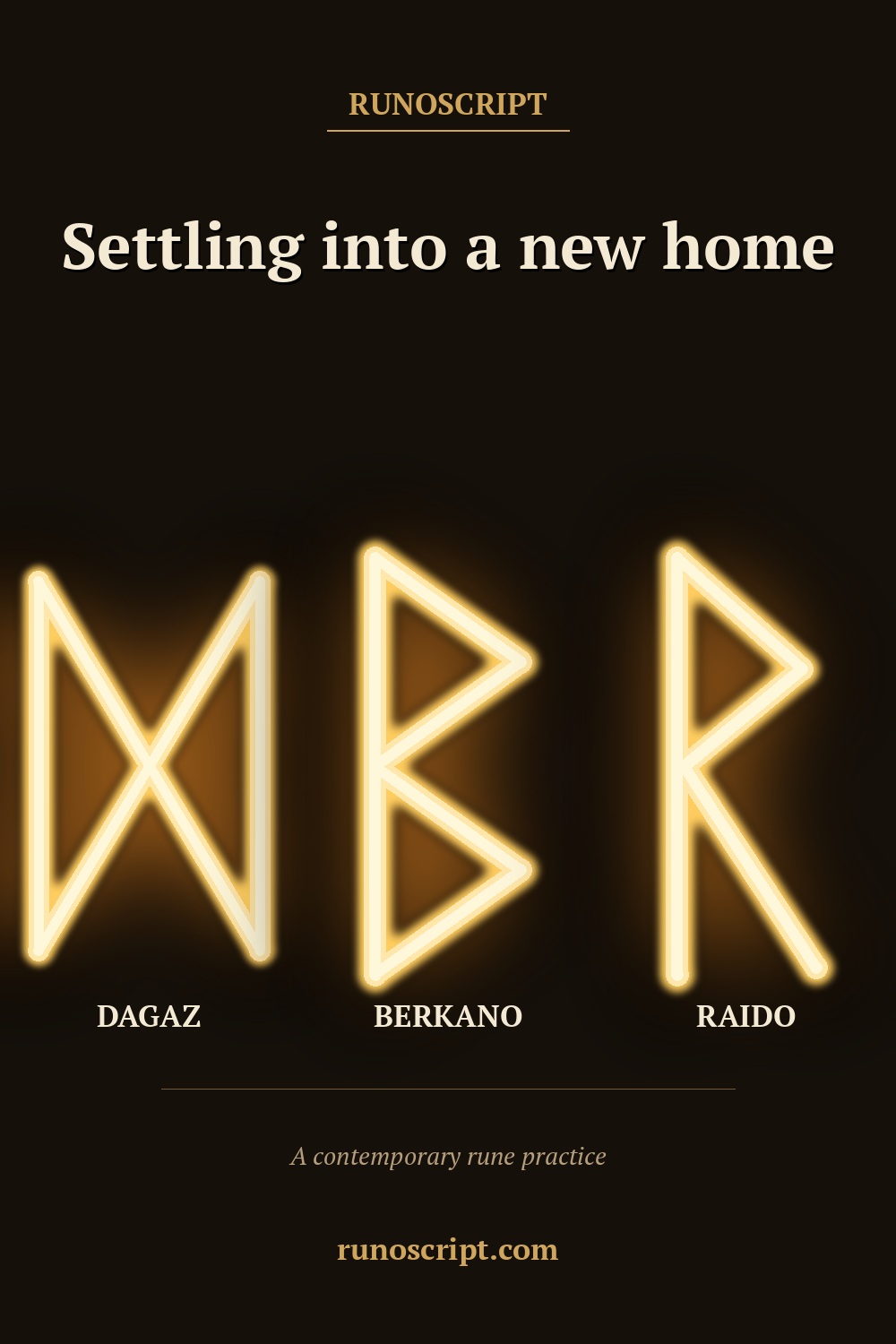 New home card displaying Dagaz, Berkano, and Raido rune forms in order with the heading 'Settling into a new home.'