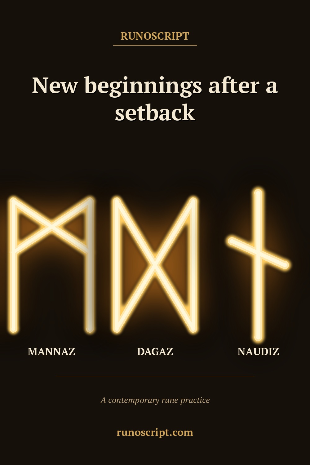 New beginnings card with Mannaz, Dagaz, and Naudiz rune forms in order and the heading 'New beginnings after a setback.'