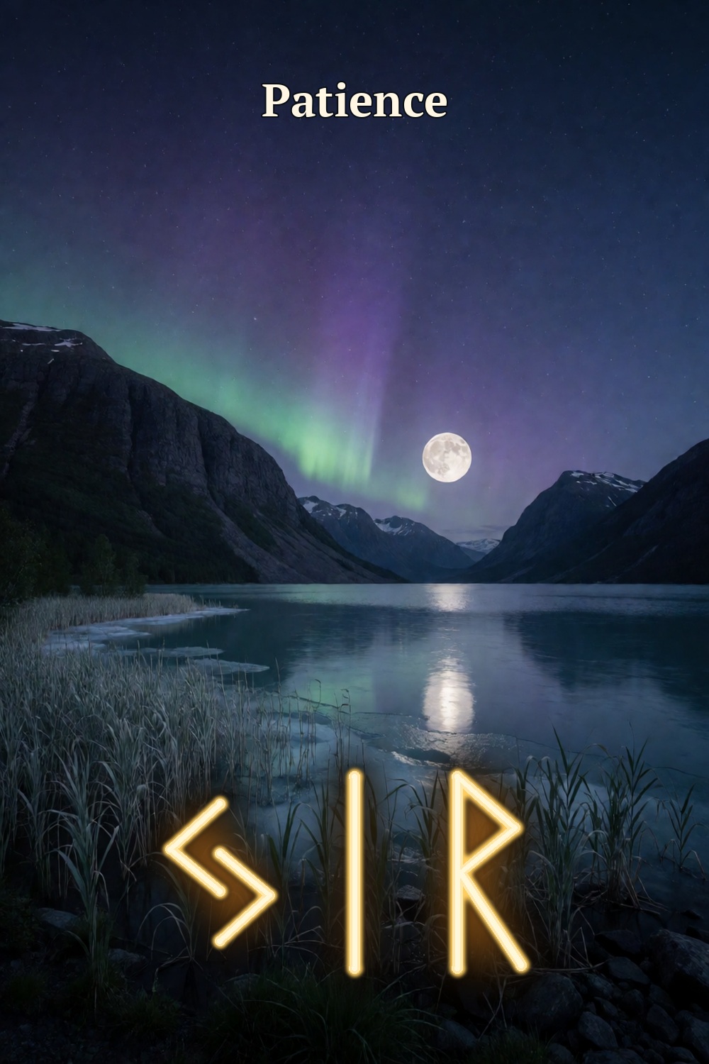 A full moon and subtle aurora reflect across a still blue mountain lake, with three gold rune forms for patience.