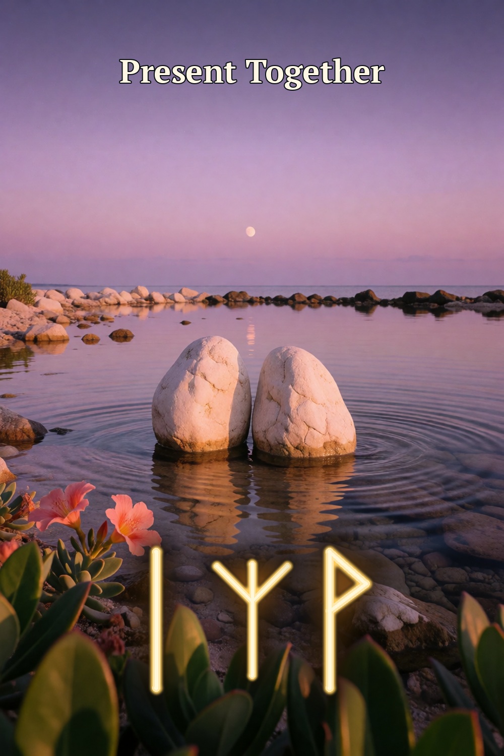 Two pale stones share a calm rose-lavender sea beneath the moon, with three gold rune forms for being present together.