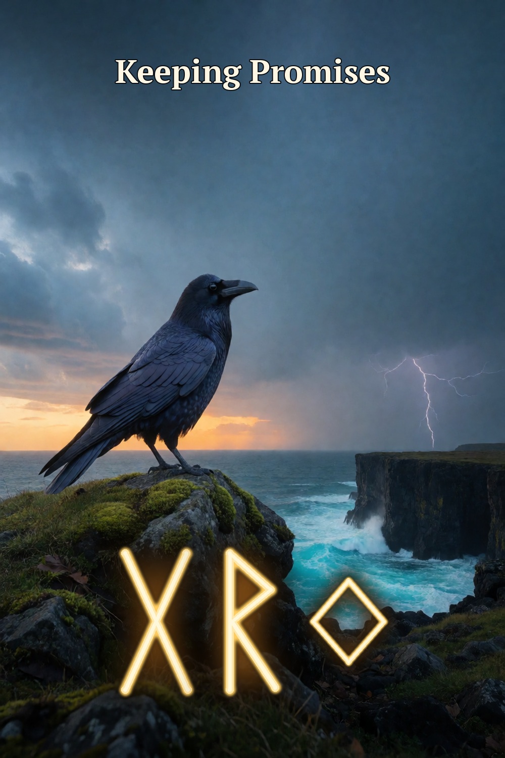 A black raven stands on mossy basalt above a storm-lit northern coast, with three gold rune forms for keeping promises.