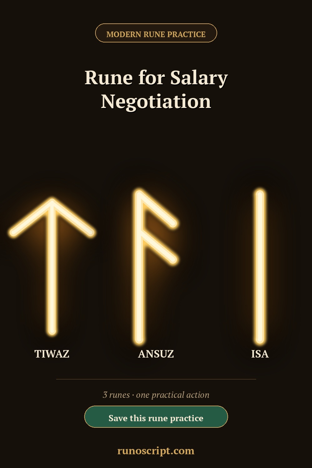 Modern rune practice card for salary negotiation, showing Tiwaz, Ansuz, and Isa with a save reminder.