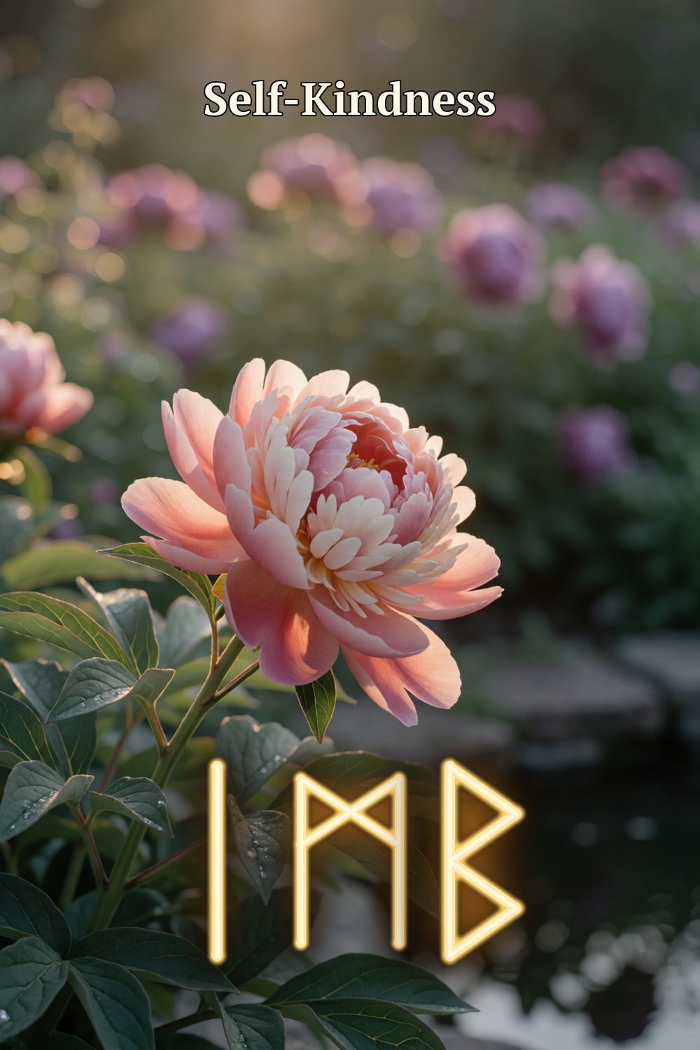A blush-pink peony opens in a luminous garden, with three gold rune forms for self-kindness.