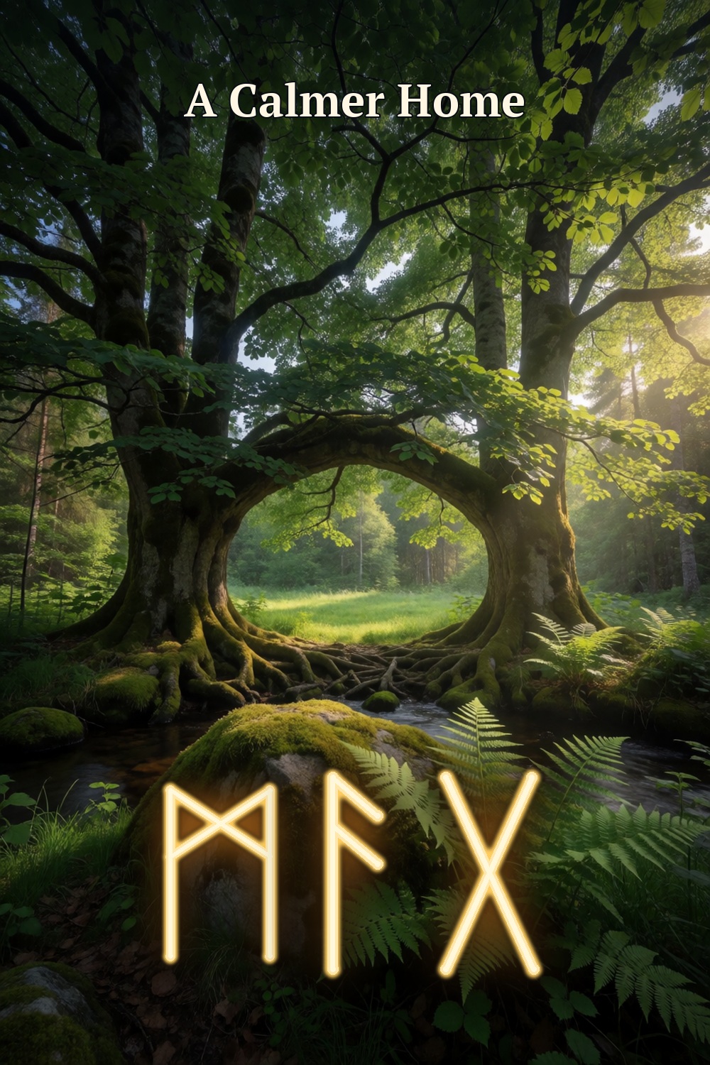 Two immense forest trees form a sheltering arch above interwoven roots and a bright clearing, with three gold rune forms for a calmer home.