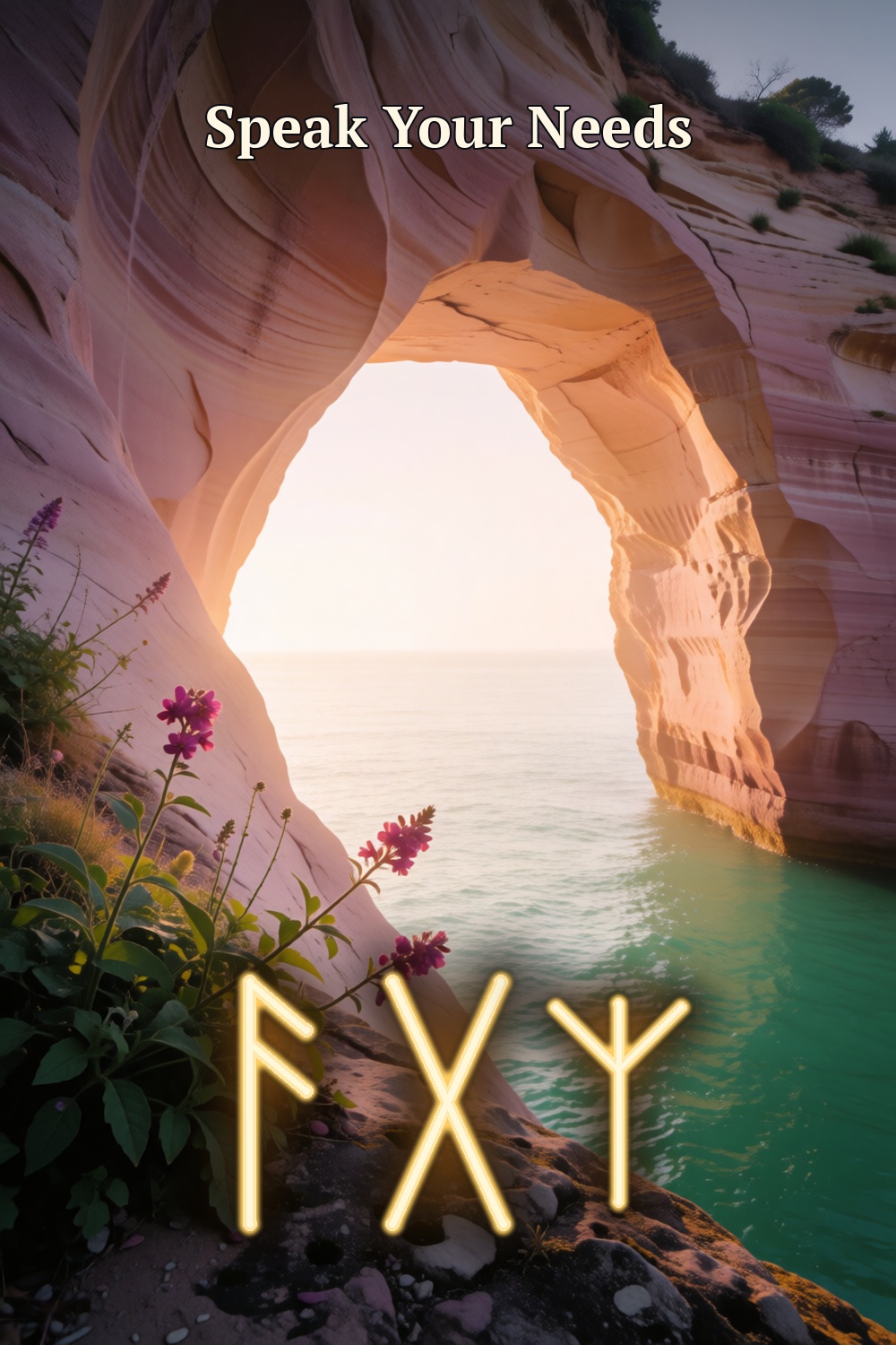 A sunlit natural stone arch opens toward turquoise water, with three gold rune forms for speaking your needs.