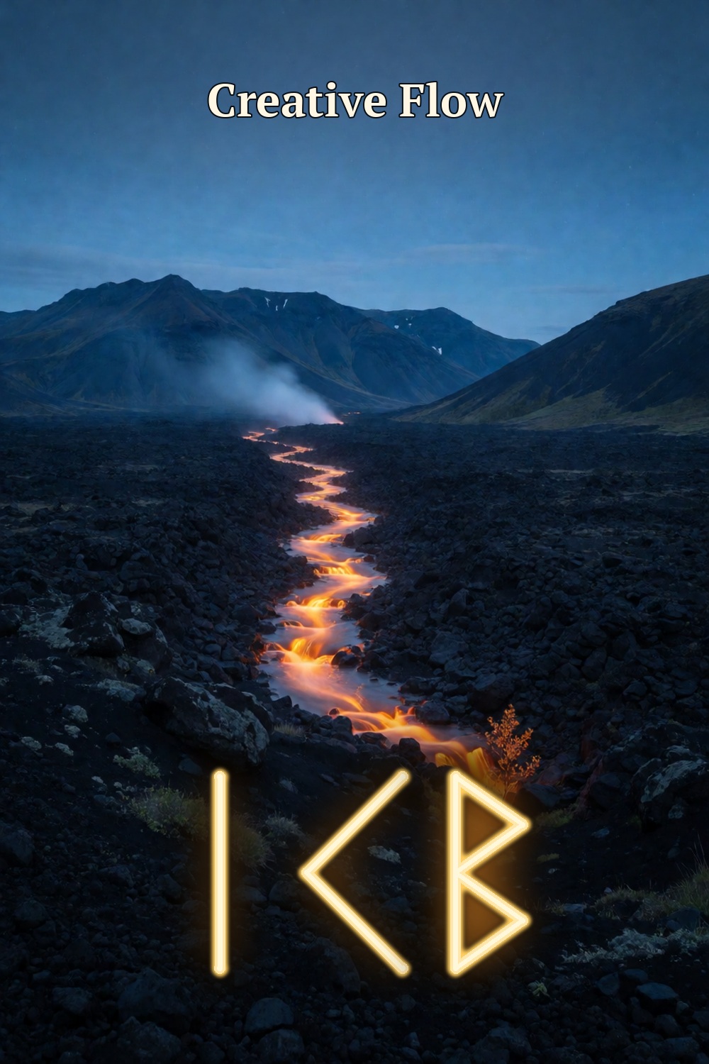 A vivid orange lava river crosses a blue-black Icelandic valley, with three gold rune forms for creative flow.