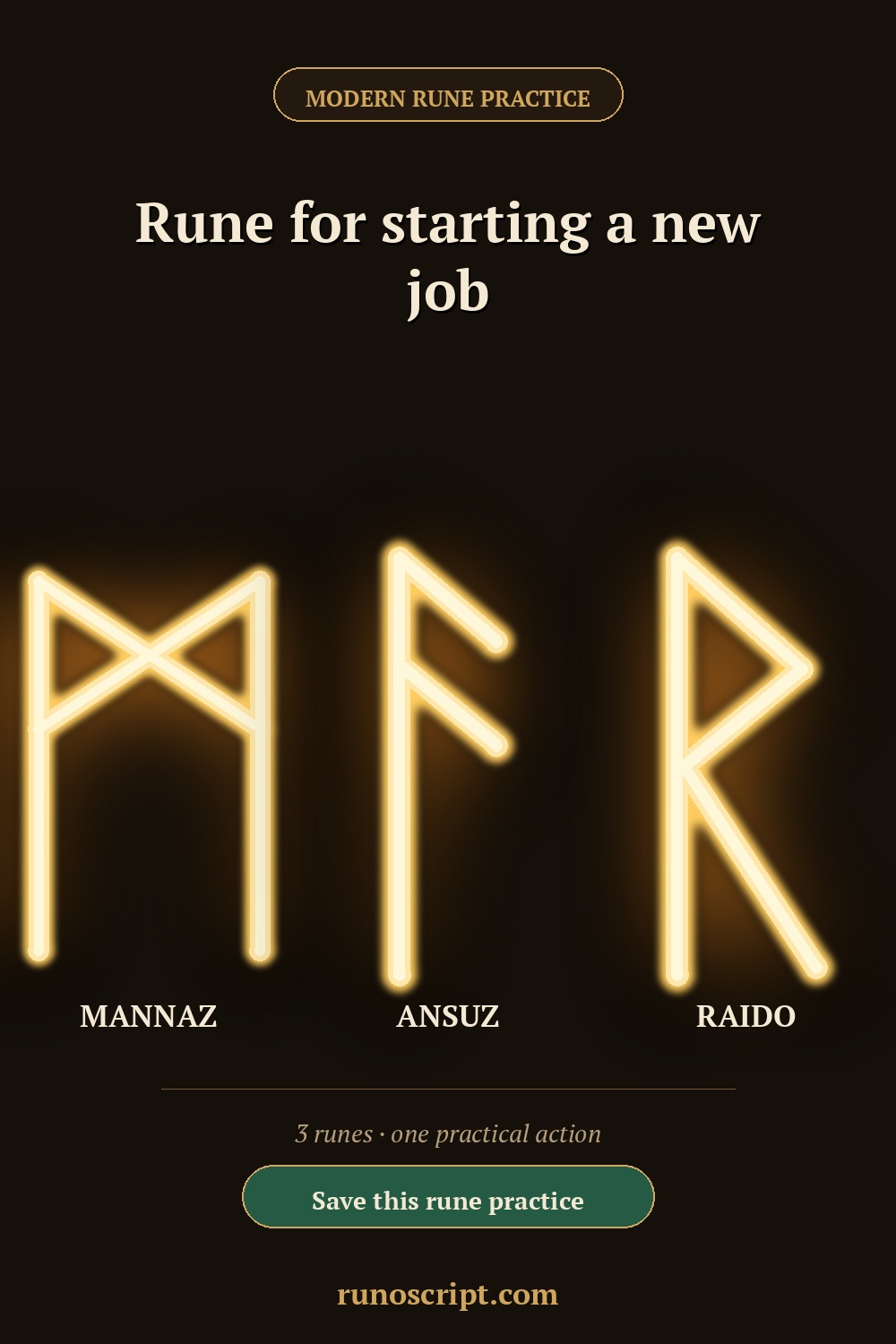 Modern rune practice card for starting a new job, showing Mannaz, Ansuz, and Raido with a save reminder.