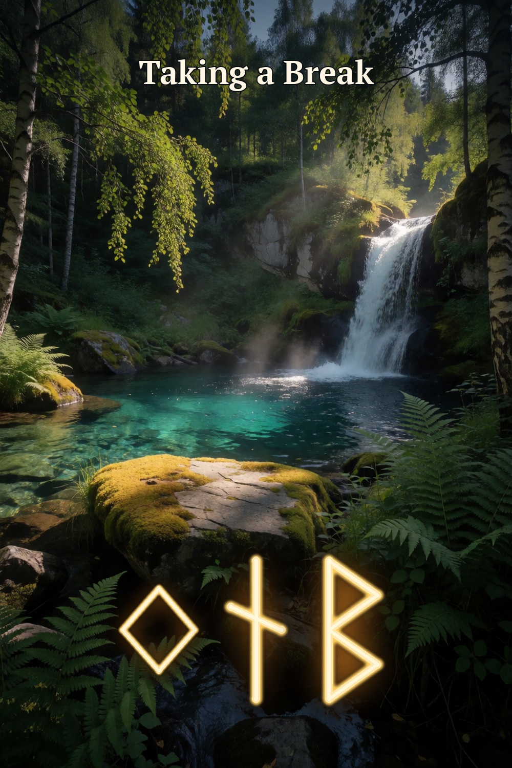 A turquoise forest pool rests below a bright waterfall and mossy stone, with three gold rune forms for taking a break.